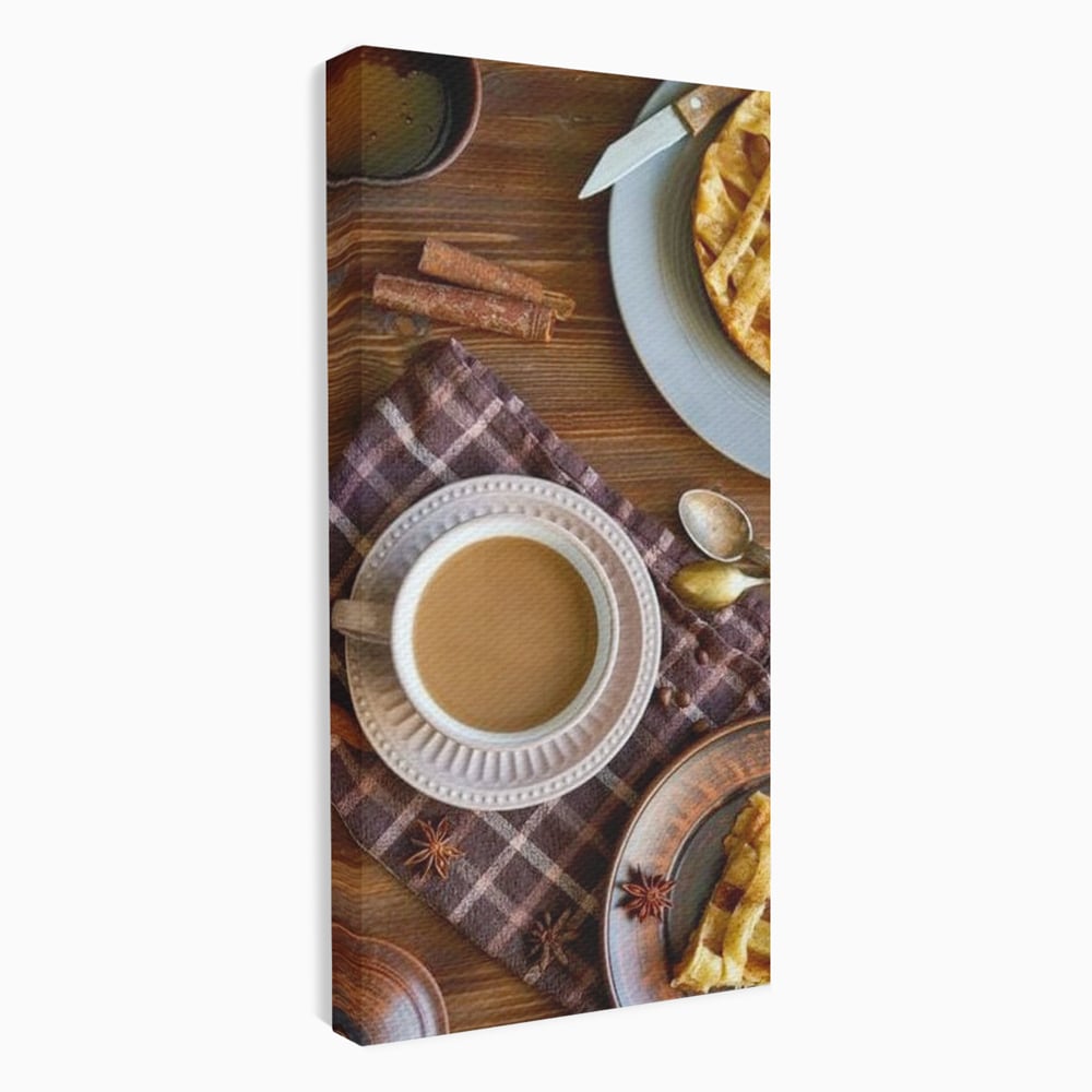 Tablou canvas cu natura moarta cu cafea si placinta, fara rama, pe sasiu de lemn
